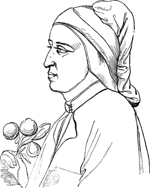 알리기에리 Dante Alighieri 초상화는 지오토가 고전적 그림인 피렌체에서 그려졌다 Magasin — 스톡 벡터