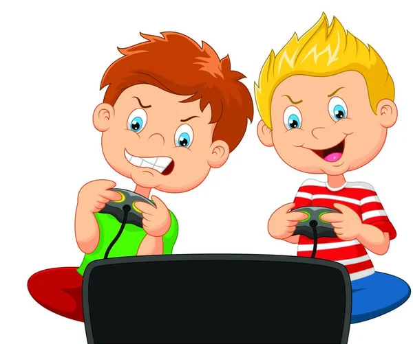 Маленькі Хлопчики Грають Відеогру — стоковий вектор