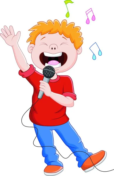 Cartoon Singing Happily While Holding Mic — Stock Vector