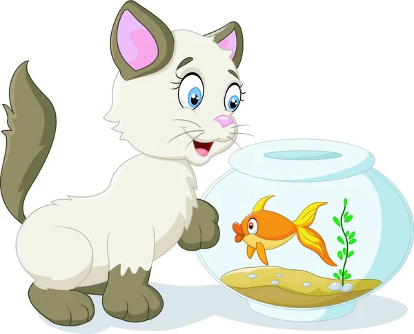 Karikatur Neugierige Katze Mit Schwimmenden Fischen — Stockvektor