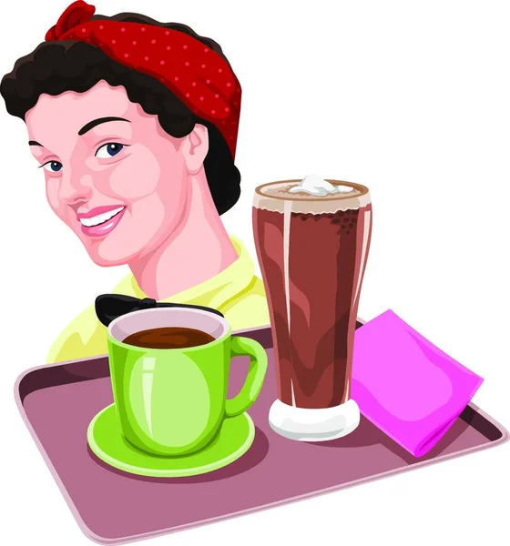 Ilustracja Wektorowa Kelnerka Gospodarstwa Kawy Koktajl Tacy — Wektor stockowy