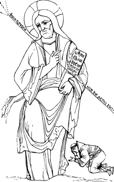 Saint Dunstan Knees Jesus Christ Vintage Engraved Illustration Colorful History — Stock Vector