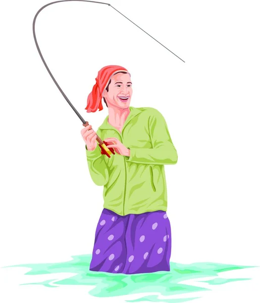 Donna Abito Verde Con Una Canna Pesca — Vettoriale Stock