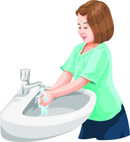 Vector Illustration Girl Washing Hands Wash Basin — Stock Vector