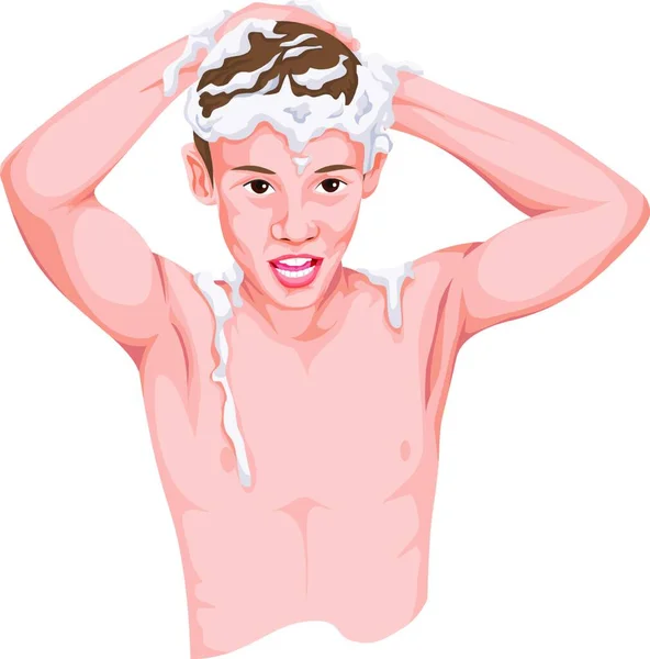 Vector Illustration Teenage Boy Shampooing His Head — Stock Vector