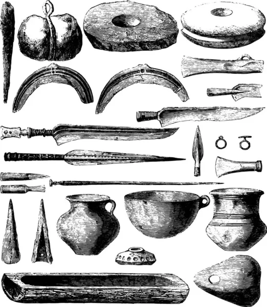 Gallic Instruments Objects Discovered Lakes Swi0Tzerland Plate Iii Vintage Engraved — 스톡 벡터