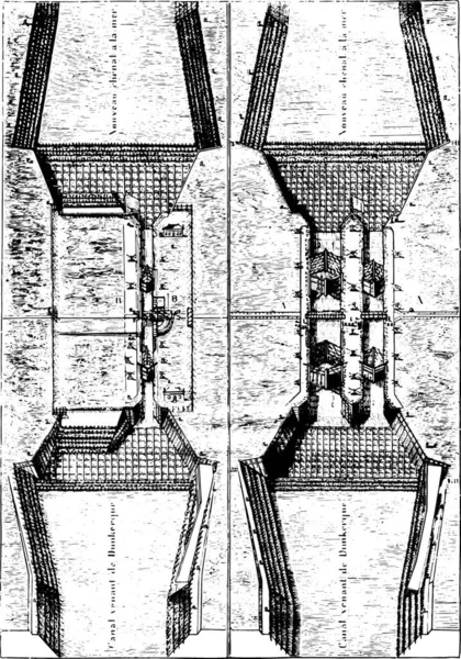 Antiguo Plan Esclusa Mardyck Ilustración Grabada Vintage Magasin Pittoresque 1867 — Vector de stock