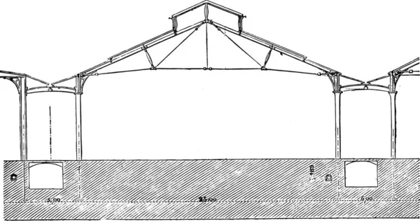 1867年环球展览 立式展区一亭 显示该系统用于雨水水流 管道及通风 复古雕刻插图 Magasin Pittoresque 1867 — 图库矢量图片