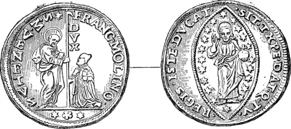 古いのヴェネツィアのゴールド コイン 帝国図書館 ビンテージの刻まれた図のメダルのキャビネットのコピー マガシンドス Pittoresque 1867 — ストックベクタ