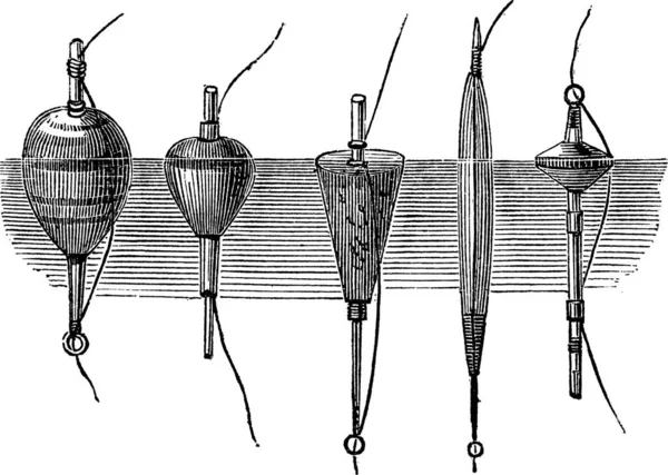 Różne Rodzaje Pływaków Używane Fly Fishing Vintage Grawerowane Ilustracji Pittoresque — Wektor stockowy