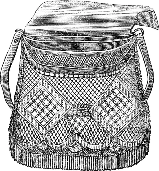 漁師のバッグで使用されるフライ釣り ヴィンテージの刻まれた図 マガシンドス Pittoresque Larive フルーリ 1874 — ストックベクタ