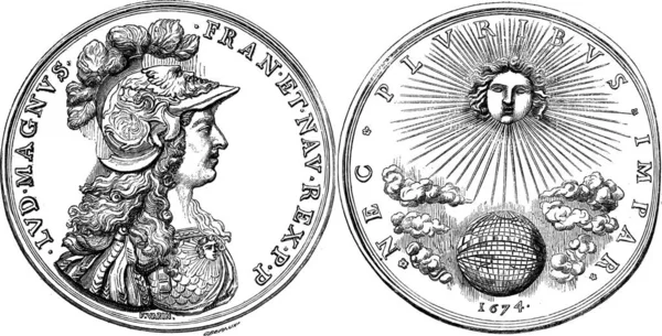 Bibliothèque Nationale Médaille Louis Xiv Argent Bronze Illustration Gravée Vintage — Image vectorielle