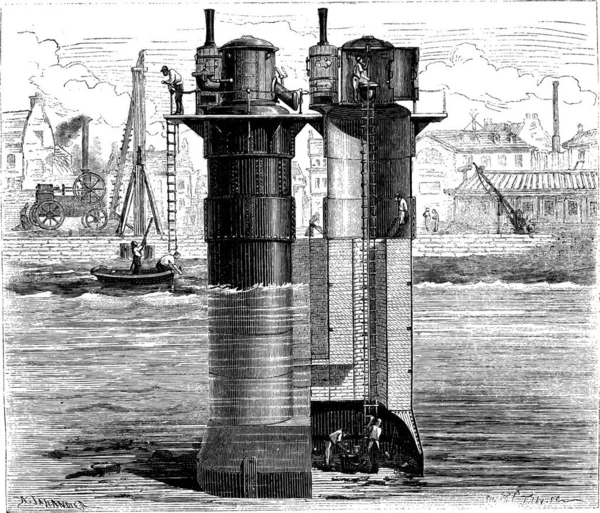 Construction Des Piliers Tay Bridge Utilisant Air Comprimé Ecosse Illustration — Image vectorielle