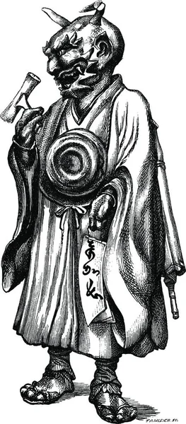 Bronzestatuette Die Den Teufel Japaner Darstellt Zeichnung Feart Vintage Gravierte — Stockvektor