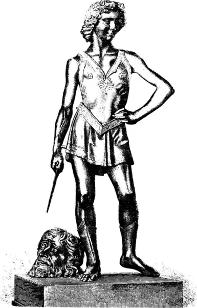 アンドレア ヴェロッキオ フィレンツェの国立博物館 ヴィンテージのゴリアテのブロンズ像のデビッド優勝者には 図が刻まれています マガシンドス Pittoresque 1877 — ストックベクタ