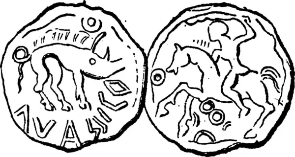 Стародавні Кельтського Монета Показ Кабана Спереду Мисливець Конях Ззаду Vintage — стоковий вектор