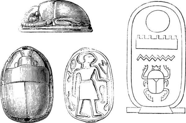 신성한 딱정벌레를 묘사한 이집트 스탬프 빈티지 새겨진 Pittoresque 1878 — 스톡 벡터