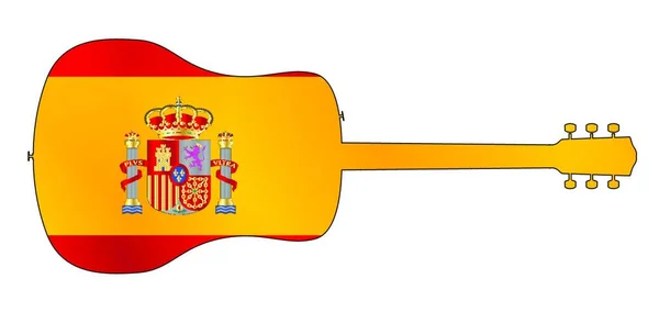 白い背景にスペインの国旗が描かれた典型的なアコースティックギターのシルエット — ストックベクタ