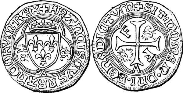 硬币货币 弗朗西斯的法国 复古刻图 单词和事 Larive 和弗洛瑞 1895年的字典 — 图库矢量图片