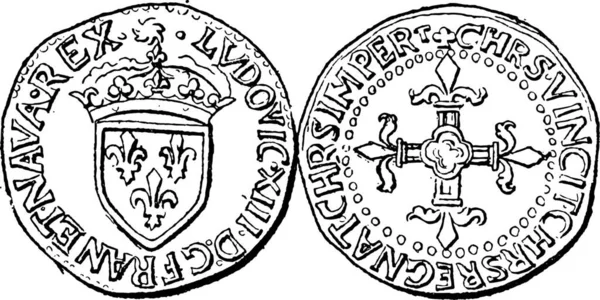 Moneda Moneda Durante Reinado Luis Xiii Francia Ilustración Grabada Vintage — Vector de stock