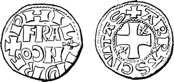 フィリップ ヴィンテージの刻まれた図の規則の間にコインの通貨 辞書の単語と物事を Larive 1895 — ストックベクタ