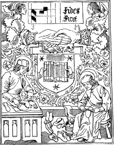 Pressemarke Von Guyot Marchant Buchhandlung Von 1483 1502 Vintage Gravur — Stockvektor
