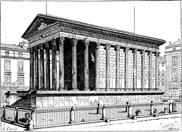 Maison Carree Nimes Languedoc Rosellón Francia Ilustración Grabada Vintage Diccionario — Archivo Imágenes Vectoriales