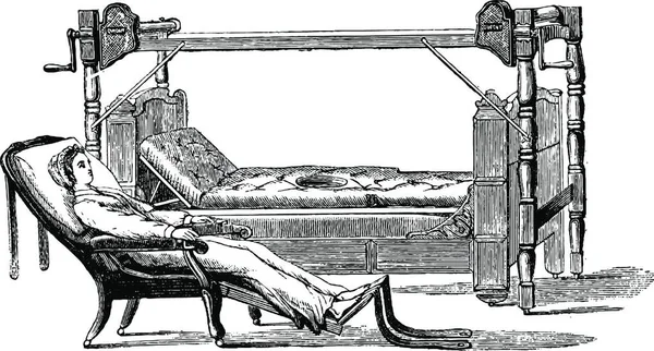 デュポン装置は ベッドの外に患者を終了し 椅子に座って ヴィンテージ刻まれたイラスト 医学雑誌 ポール ラバラ 1885 — ストックベクタ