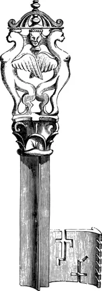 Schlüssel Dreizehnten Jahrhunderts Mit Zwei Figuren Hinterlegten Chimären Vintage Gravierte — Stockvektor
