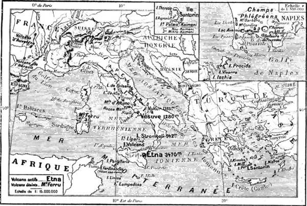 Mappa Dei Vulcani Del Mediterraneo Italia Grecia Illustrazione Incisa Epoca — Vettoriale Stock