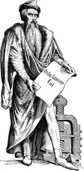 David Hazard所绘的约翰内斯 根斯弗利希 拉登的古腾堡铜像的古老雕刻画 1840年6月24日在法国斯特拉斯堡开幕 词汇和事物词典 拉里夫和弗洛里 1895年 — 图库矢量图片