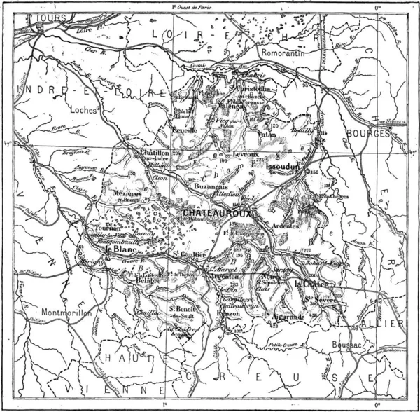 Stary Wygrawerowanym Ilustracja Mapa Departamencie Indre Słownik Słów Rzeczy Larive — Wektor stockowy