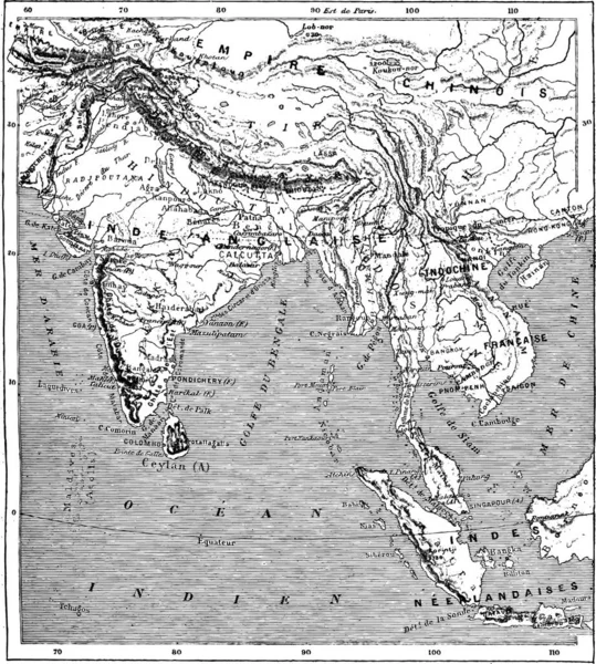 Παλιά Χαραγμένο Απεικόνιση Του Χάρτη Ινδία Και Indochina Λεξικό Του — Διανυσματικό Αρχείο