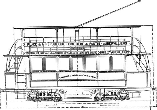 Auto Batterijen Trolley Lijn Naar Parijs Aubervilliers Vintage Gegraveerd Illustratie — Stockvector