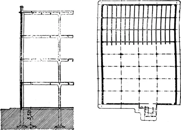 Gebouw Sectie Plan Weergave Van Het Spinnen Vintage Gegraveerd Illustratie — Stockvector