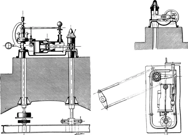 Konfiguracja Urządzenia Turbin Kawałków Osi Walca Widok Nad Vintage Ilustracji — Wektor stockowy