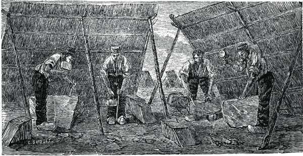大理石のタイルを作っている労働者 ヴィンテージの図を刻まれています 産業百科事典 1875 — ストックベクタ