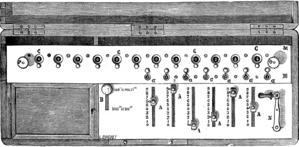 Old Engraved Illustration Arithmometer Arithmometre Mention Its Functioning Parts Industrial — Stock Vector