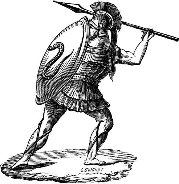 Antigua Ilustración Grabada Del Soldado Griego Con Armadura Enciclopedia Industrial — Archivo Imágenes Vectoriales