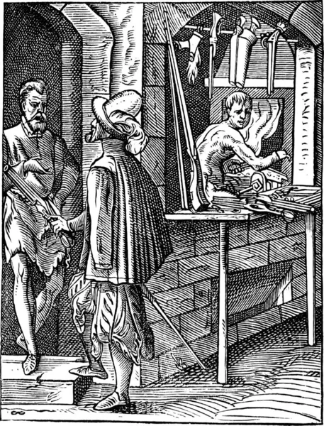 Oude Gegraveerde Illustratie Van Gunsmith Winkel Met Drie Personen Industriële — Stockvector