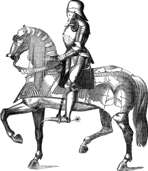 Oude Gegraveerde Afbeelding Van Ridder Een Paard Uit Vijftiende Eeuw — Stockvector