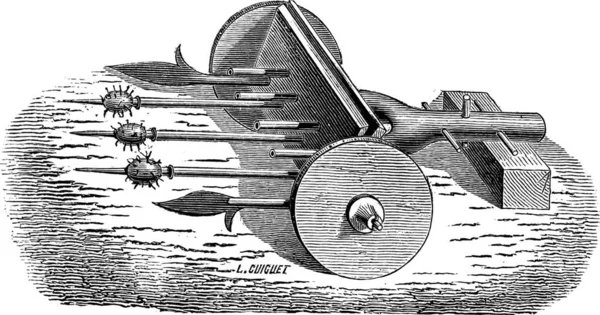 Old Engraved Illustration Ribauldequin Weapon Fourteenth Century Industrial Encyclopedia Lami — Stock Vector