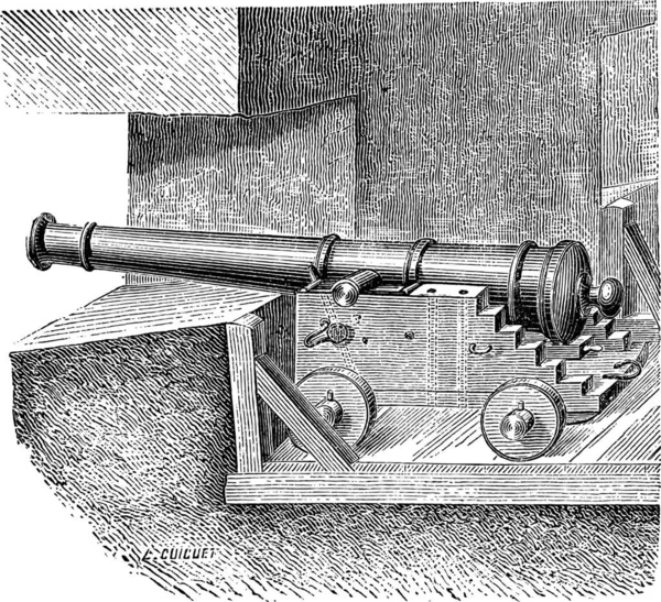 Vecchia Illustrazione Incisa Della Batteria Artiglieria Sulla Dimensione Della Nave — Vettoriale Stock