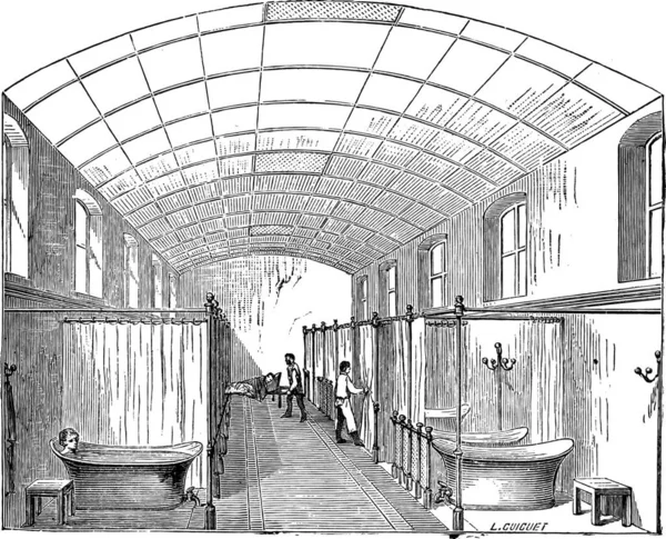 Antigua Ilustración Grabada Sala Baño Individual Hopital Saint Louis París — Archivo Imágenes Vectoriales
