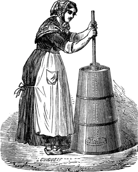 古い普通プランジャー バターを攪拌女性のイラストを刻まれています 産業百科事典 1875 — ストックベクタ