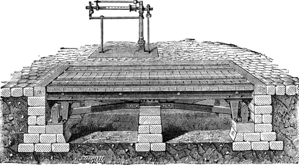 Old Engraved Illustration Bascule Bridge Drawbridge Industrial Encyclopedia Lami 1875 — Stock Vector