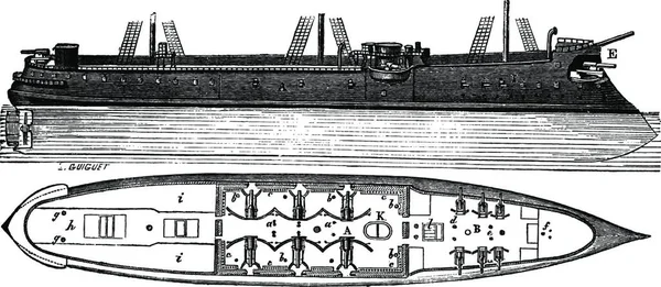 Colbert Francouzský Obrněný Lodi Vintage Gravírovanou Průmyslová Encyklopedie Lami 1875 — Stockový vektor