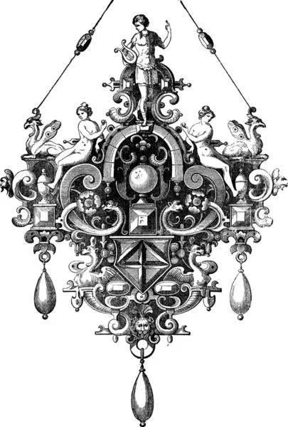 Old Engraved Illustration Pendant Benvenuto Cellini Cabinet Des Medailles National — Stock Vector