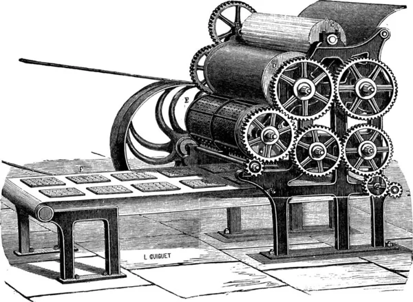 Alte Gravierte Illustration Eines Keks Hardtack Der Eine Maschine Auf — Stockvektor