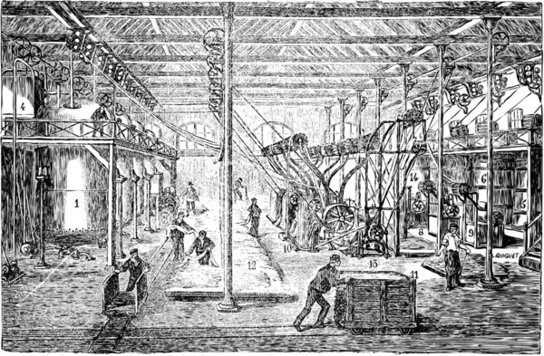 旧刻例证的棉或棉纤维美白工厂与在它工作的很多工人 工业百科全书 1875 — 图库矢量图片